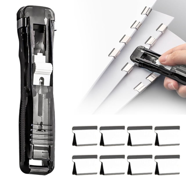 Portable Clip Stapler One Slide Quick Binding Tool No No Holes Reusable Stainless Clips One Hand OperationforHome Classroom, Mini One Hand Stapler, 8 Pack Stainless Steel Binder Clips
