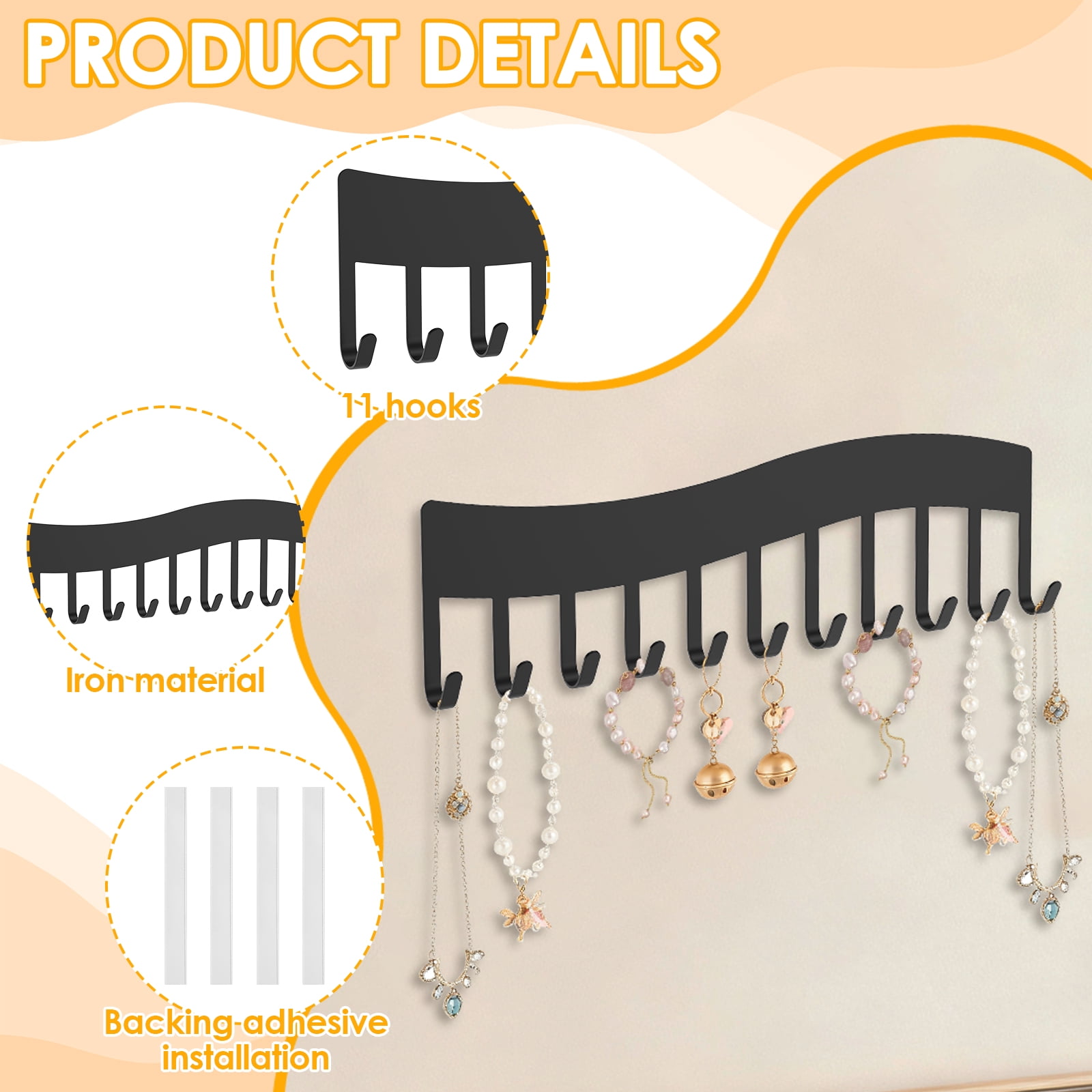Wall Mounted Necklace Organizer Metal Jewelry Display Hanging Holder 4 Pcs (black )