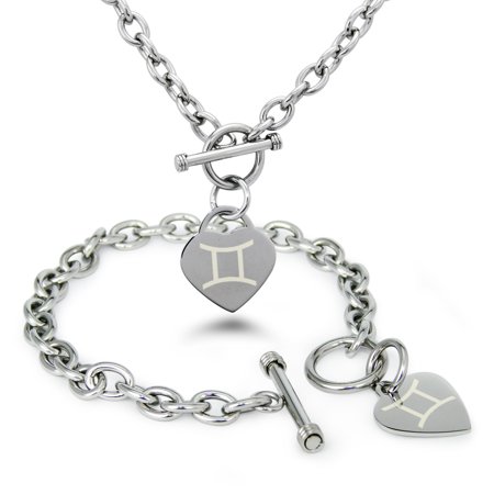 Stainless Steel Gemini Astrology Symbol Heart Charm Toggle Bracelet & Necklace