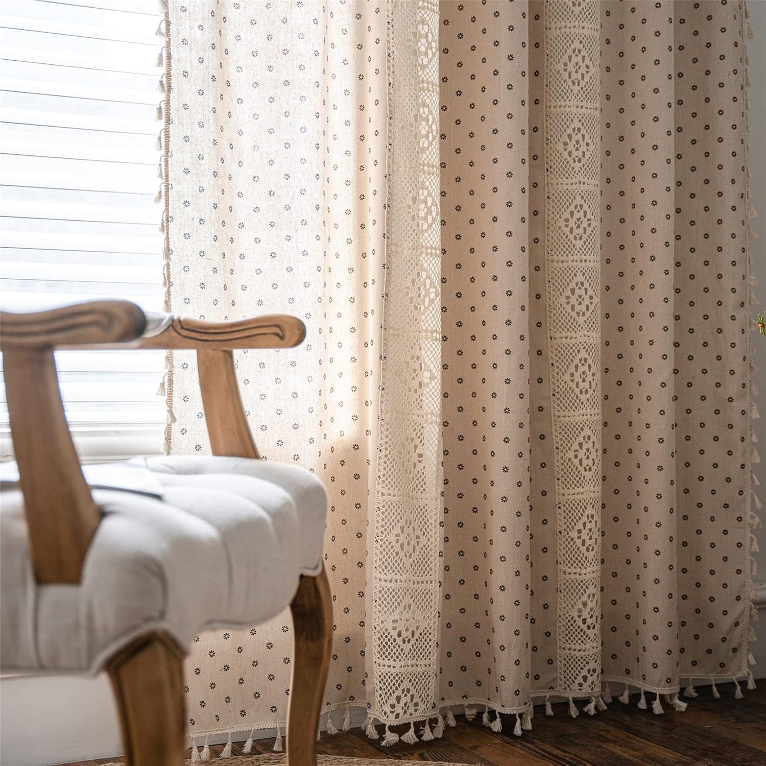 Vireellx Boho Curtains for Bedroom, Cream Hollow Crochet Stripes and Florals Print Cotton Linen Fabric Patchwork, Bohemian Beige Tassel Semi-Blackout Window Panel Farmhouse Drape