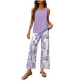 thumbnail image 2 of Nuoqisi Women's 2 Piece Outfits Solid Sleeveless Halter Top and Leaf Print Straight Leg Pants Lounge Set 2026 Summer Spring Trendy, 2 of 6