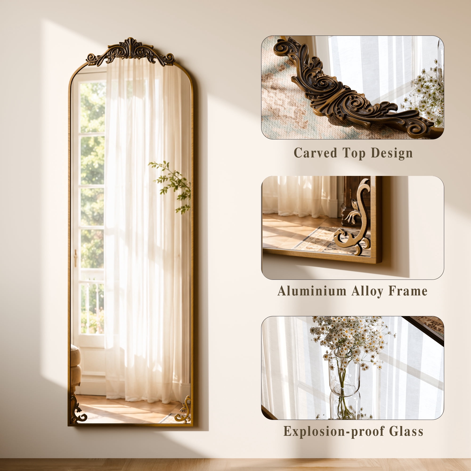 AUROMIR 64"x 21" Arched Floor Mirror Full Length Mirror Baroque Vintage Mirror with Carved Frame, Antique Bronze