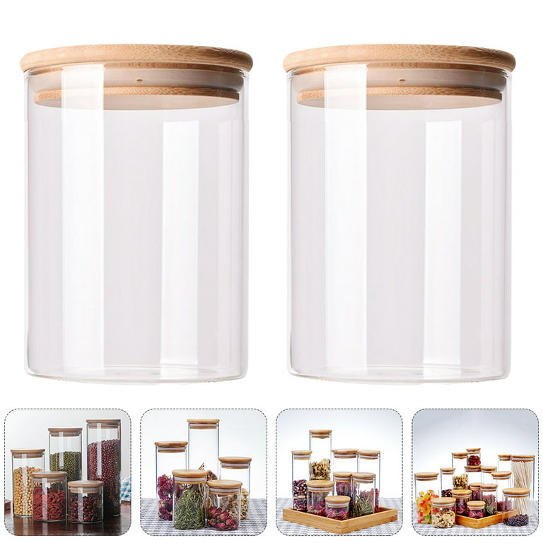 Frcolor 2pcs Glass Storage Jars Kitchen Sealed Containers with Bamboo Lid (300ml), Size: 6.5x6.5x10cm, Clear