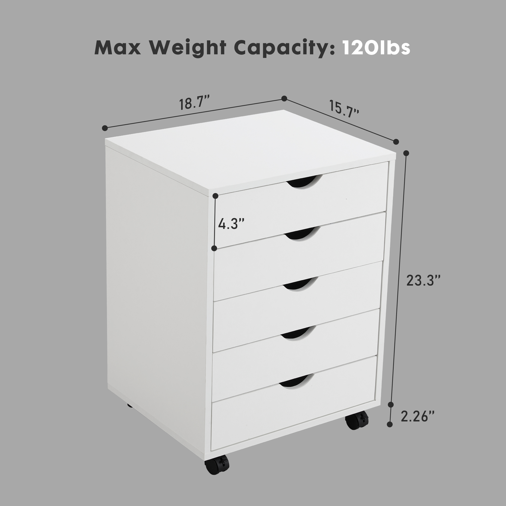 EDX 5-Drawer Dresser with Wheels, White photo 2