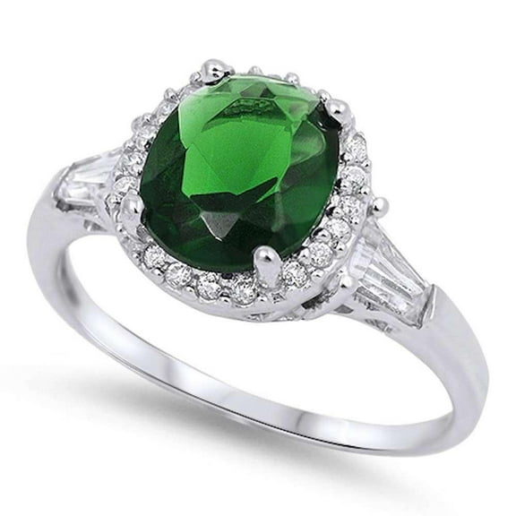 Sterling Silver Oval Synthetic Emerald Clear Baguette CZ Bridal Ring Sizes 10