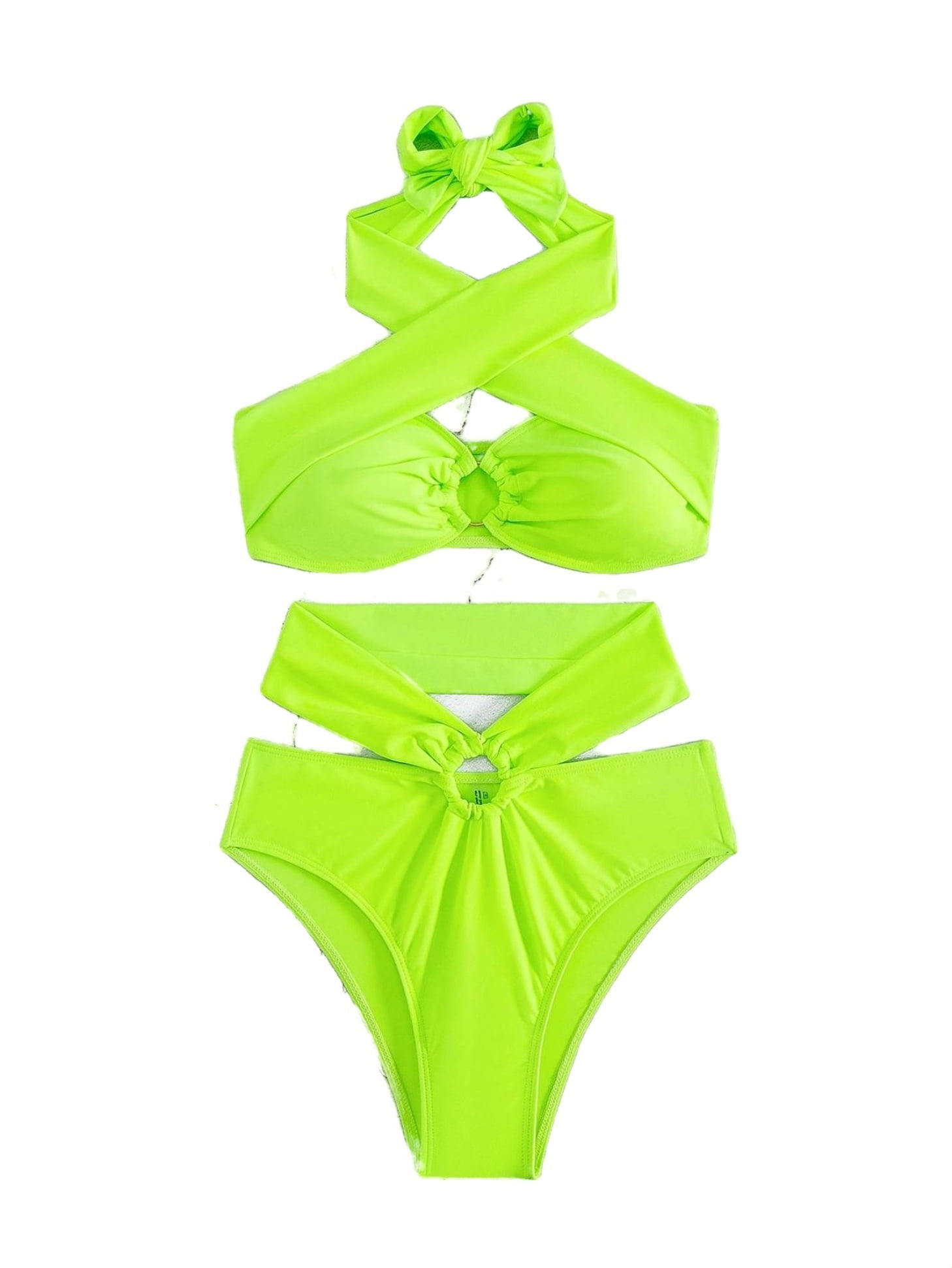 Women's Plain Halter Lime Green Bikini Sets XL