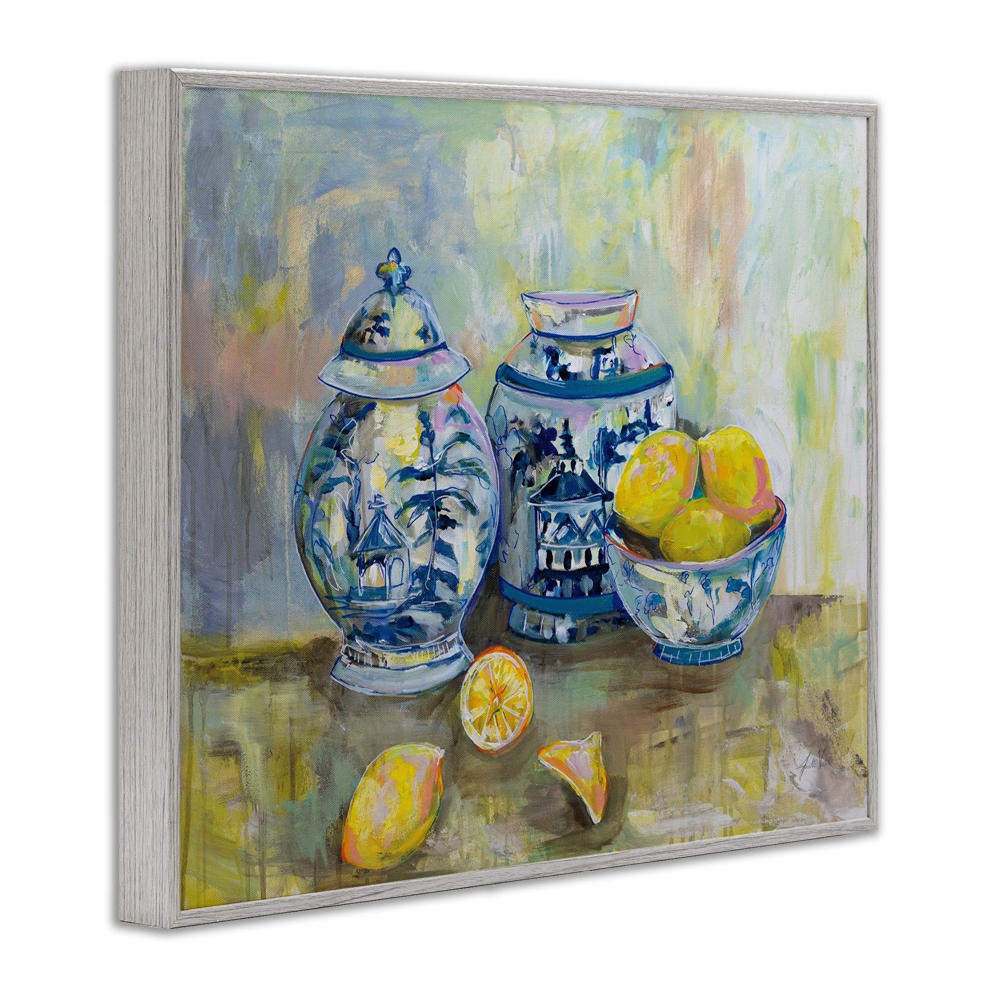 Stupell Industries Lemons and Pottery Yellow Blue Classical Painting Gray Framed Art Print Wall Art, 16x20, by Jeanette Vertentes