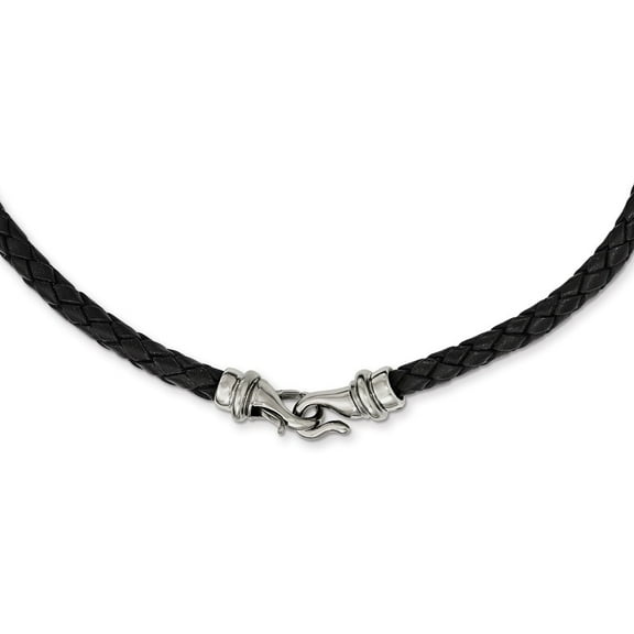 Primal Steel Stainless Steel Polished Woven Black Leather Necklace