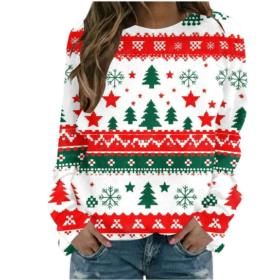 YABCSAZ Ugly Christmas Sweater for Women Sweatshirt Fleece Long Sleeve T Shirts Casual Loose Warm Pullover Oversize T Shirts Christmas Tree Snowflakes Reindeer Santa Claus Tops for Xmas Party