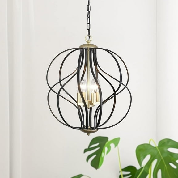 Maxax 17.3" Modern Cage Chandelier, 4 Lights Globe Plug in Chandelier, Adjustable Sphere Farmhouse Hanging Ceiling lamp, for Kitchen, Entryway, Dining Room, Living Room, Black and Gold