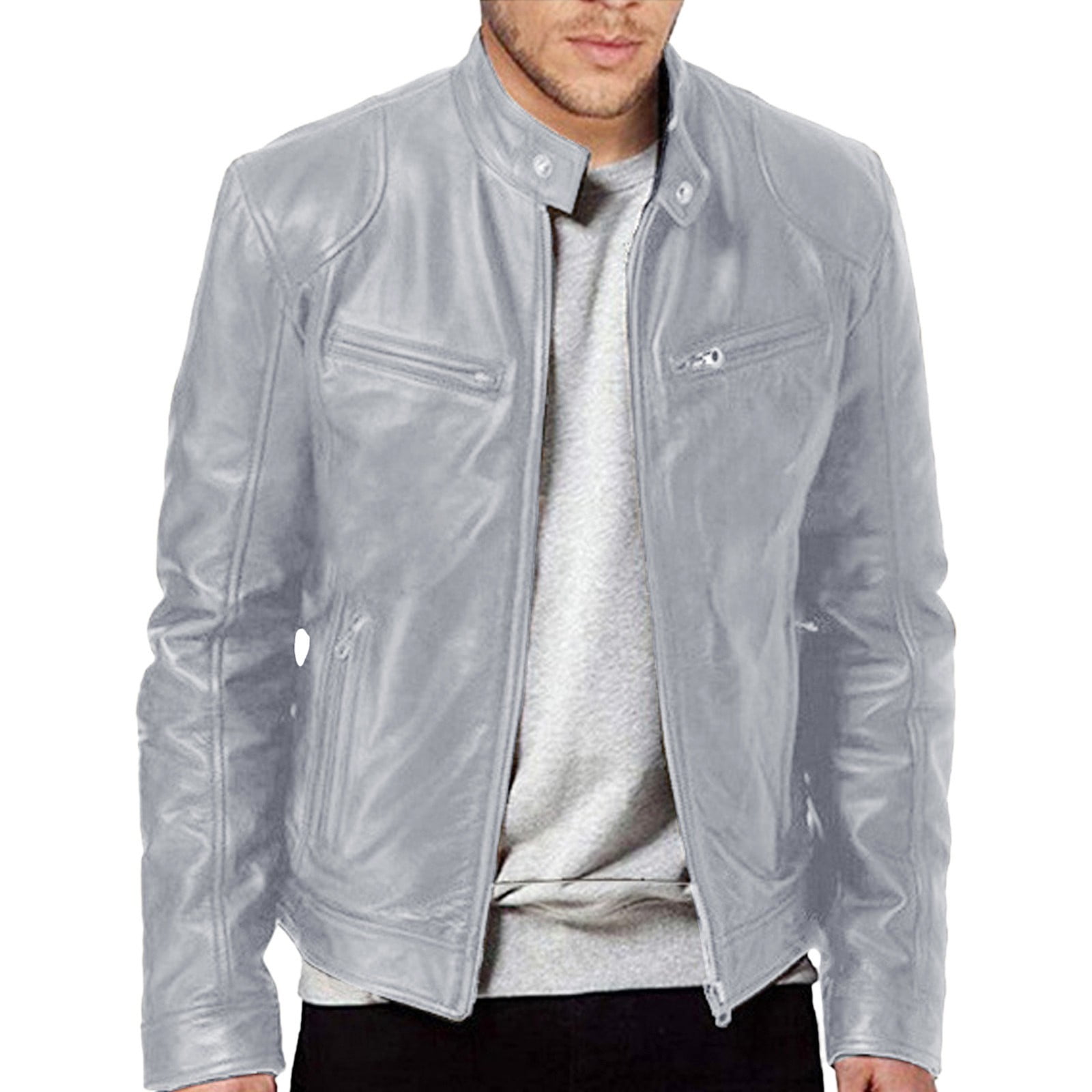 Mens Retro Faux Leather Jacket Varsity Baseball Bomber Jacket Zip Up Fall Winter Tops Grey XXXL