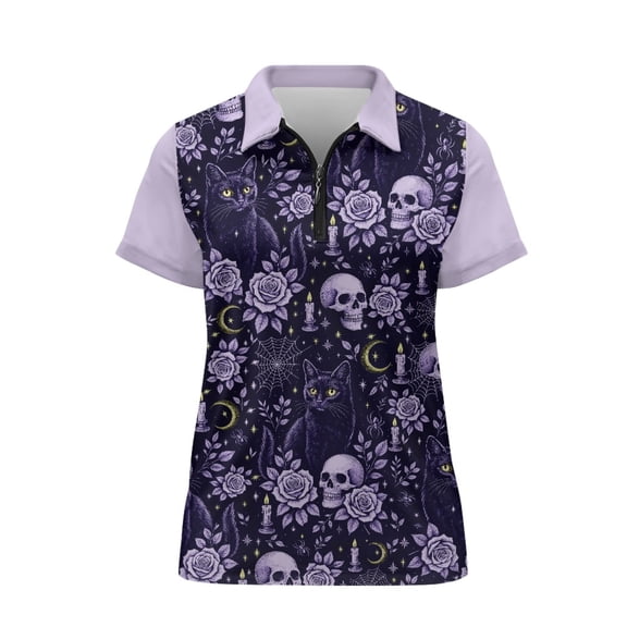 FUIALDOLG Soft Golf Shirt, Purple Gothic Halloween Print Polyester Moisture Wicking Quick Dry Polo Shirts for Outdoor Tennis Hiking