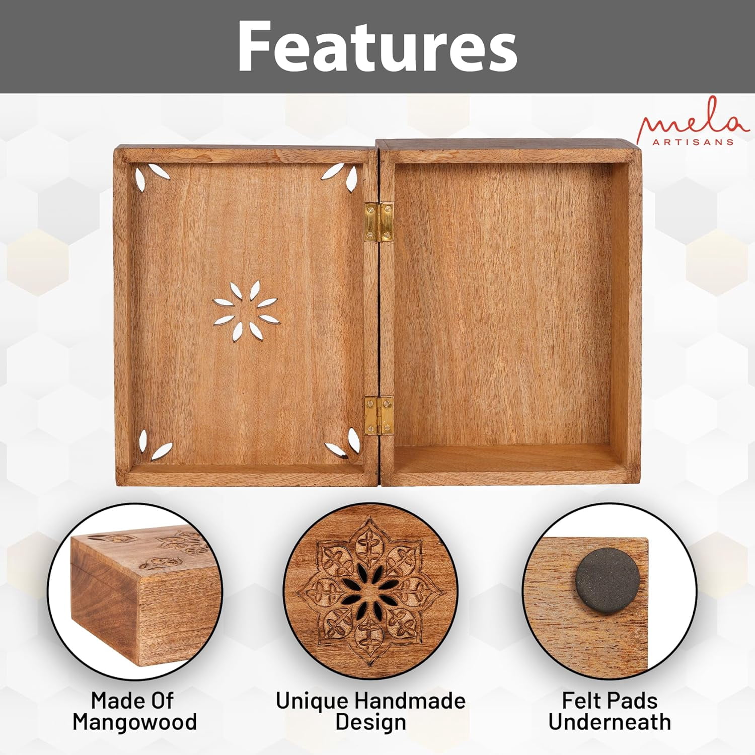 Mela Artisans Decorative Medium Burnt Mango Wood Box with Lid, Extra Large Wooden Box, XL, 10.5" x 7.5" x 4"