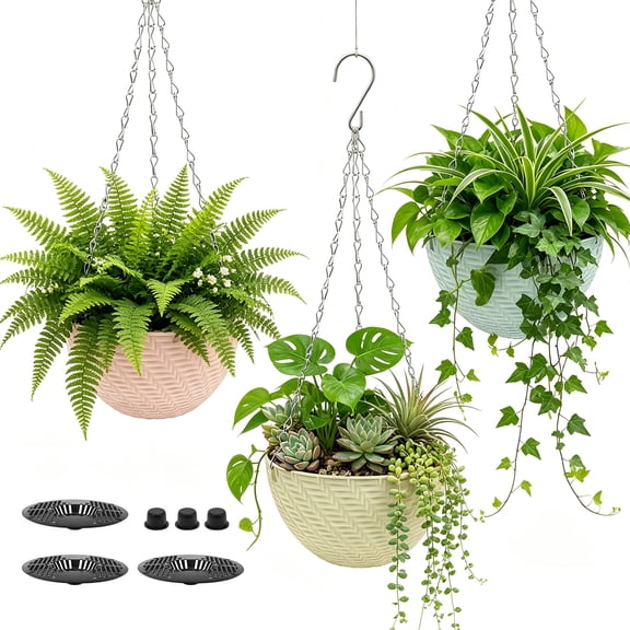 Threns 3Pcs Hanging Baskets with Chains, Balcony Hanging Planters for Indoor Outdoor Plants, Plastic Hanging Flower Pots(Blue Pink Green)