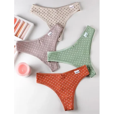 

[4 Pack] Cute Dot Print Panties Mixed Color Thongs Style Cotton Panties Women‘s Lingerie & Underwear