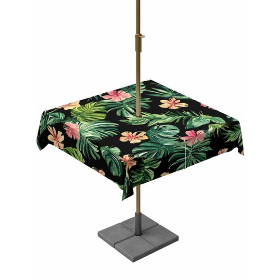 Square Outdoor Tablecloth With Umbrella Hole And Zipper– Tropical Print Waterproof Patio Table Cover for Party, Picnic, Backyard, 60"x60" , Black Floral Leaf