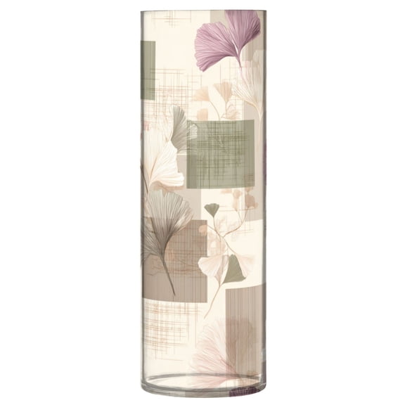 Shatterproof Plastic Vase 11.8" Tall Cylinder Vase for Fresh Flowers Home Decor Squares and Ginkgo Leaves Pattern