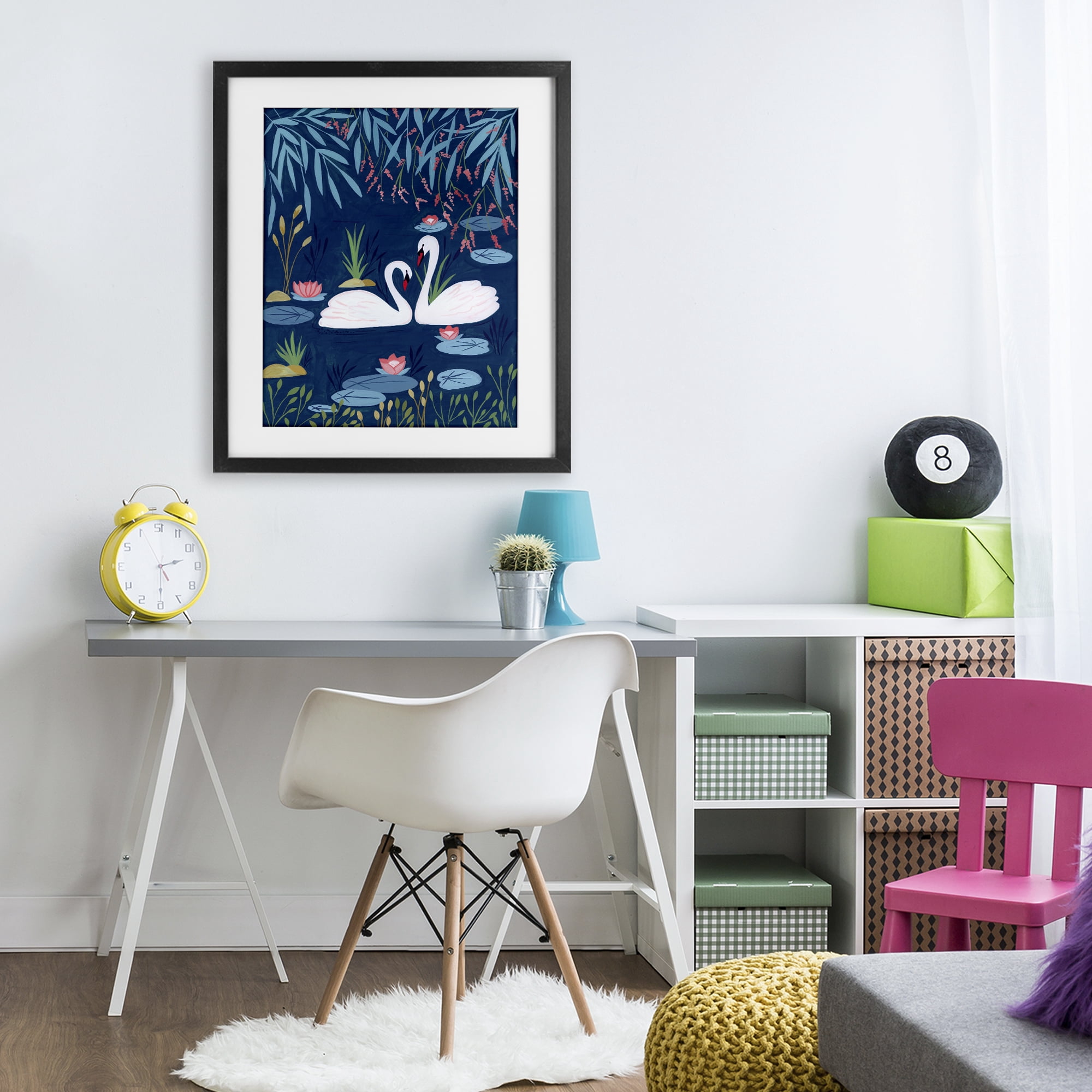 Swan Pair on Blue Pond Black Framed Print Under Glass, design by Nabeela Rumi