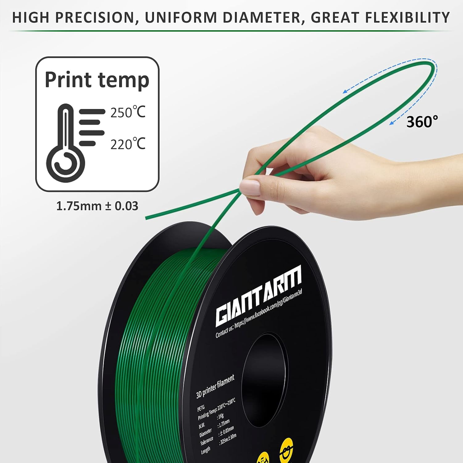 PETG Filament 1.75, Green PETG Filament 1.75mm 1kg(2.2lb), Toughness Enhanced, Dimensional Accuracy +/-0.02mm, Vacuum Package