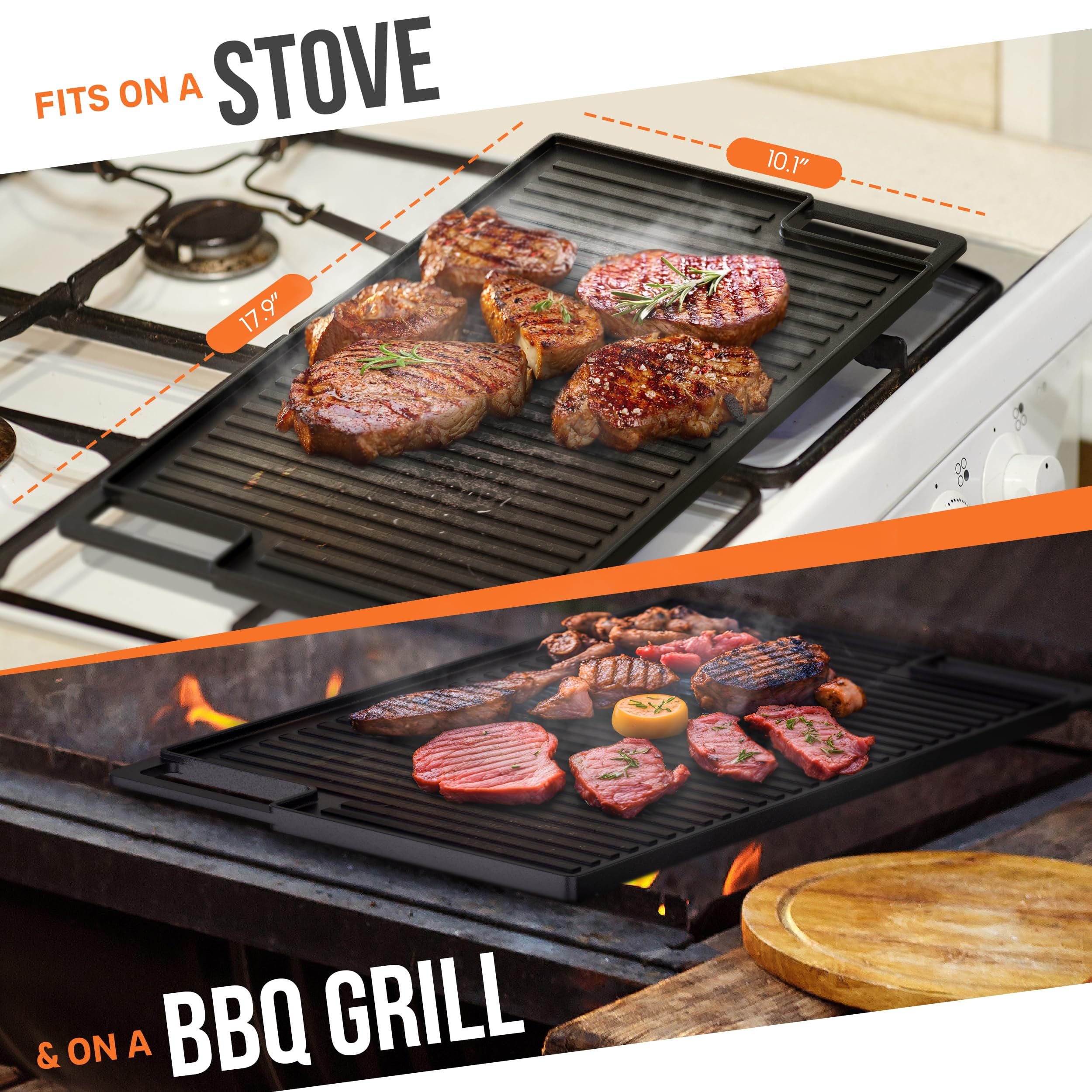 Mibote Reversible Cast Iron Grill and Griddle Plate Pan Set,Works on Stove,Grill,and Fire,Black10.1" x 17.9"