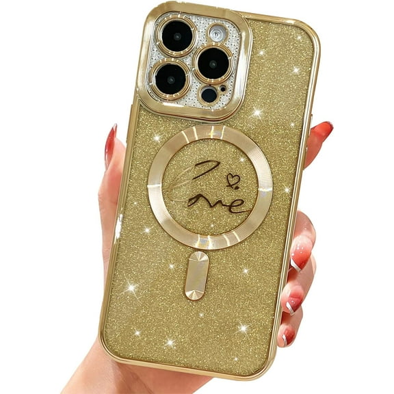 for iPhone 13 Pro Max Magnetic Glitter Clear Case, [Compatible with Magsafe] Luxury Plating Love Heart Pattern Design, Full Camera Lens Protector Soft TPU Protective Case for Women 6.7"-Gold