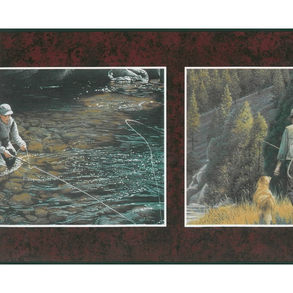 Dundee Deco Prepasted Wallpaper Border - Country Garnet Red, Yellow, Green Family Fishing, 15 ft x 9.25 in