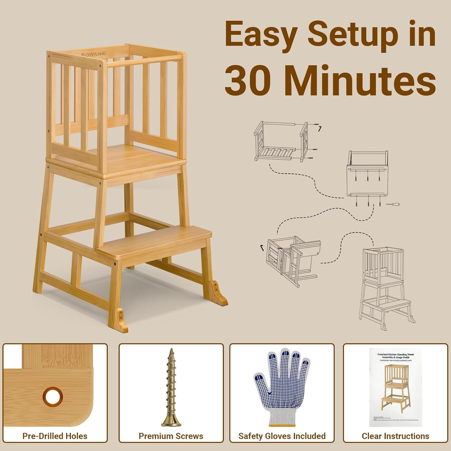 Sunny Lane Kitchen Step Stool for Toddlers – Stable A-Frame Design Kids Standing Tower with Protective Crossbar – Wooden Learning Stool for Kitchen Island Counter, Bathroom (Natural)