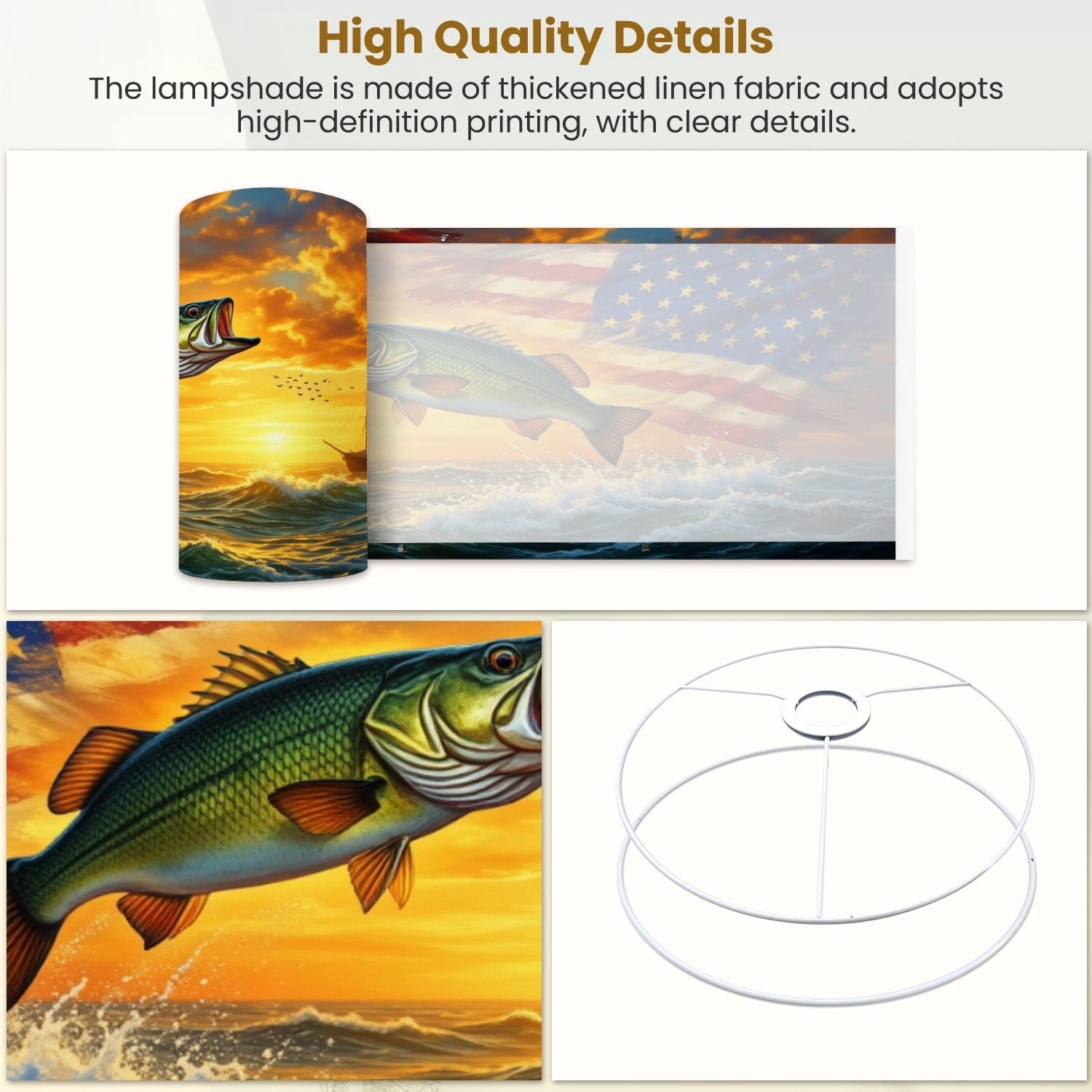 Linen Drum Lamp Shades Bass Fish Leaping Waves American Flag Sunset Independence Day 13" x 13" x 10" Lampshade for Table Lamps Floor Lamps Lamp Shade Replacement Easy Assembly Required