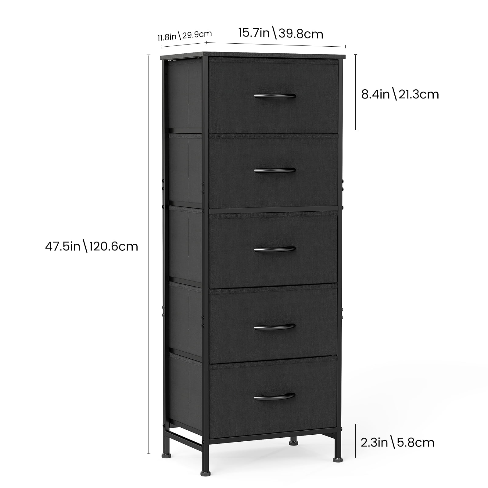 EDX 5 Fabric Dresser with 5 Storage Drawers, TV Stand with Wooden Top Metal Frame for Clothes, Living Room, Hallway, Entryway, Black