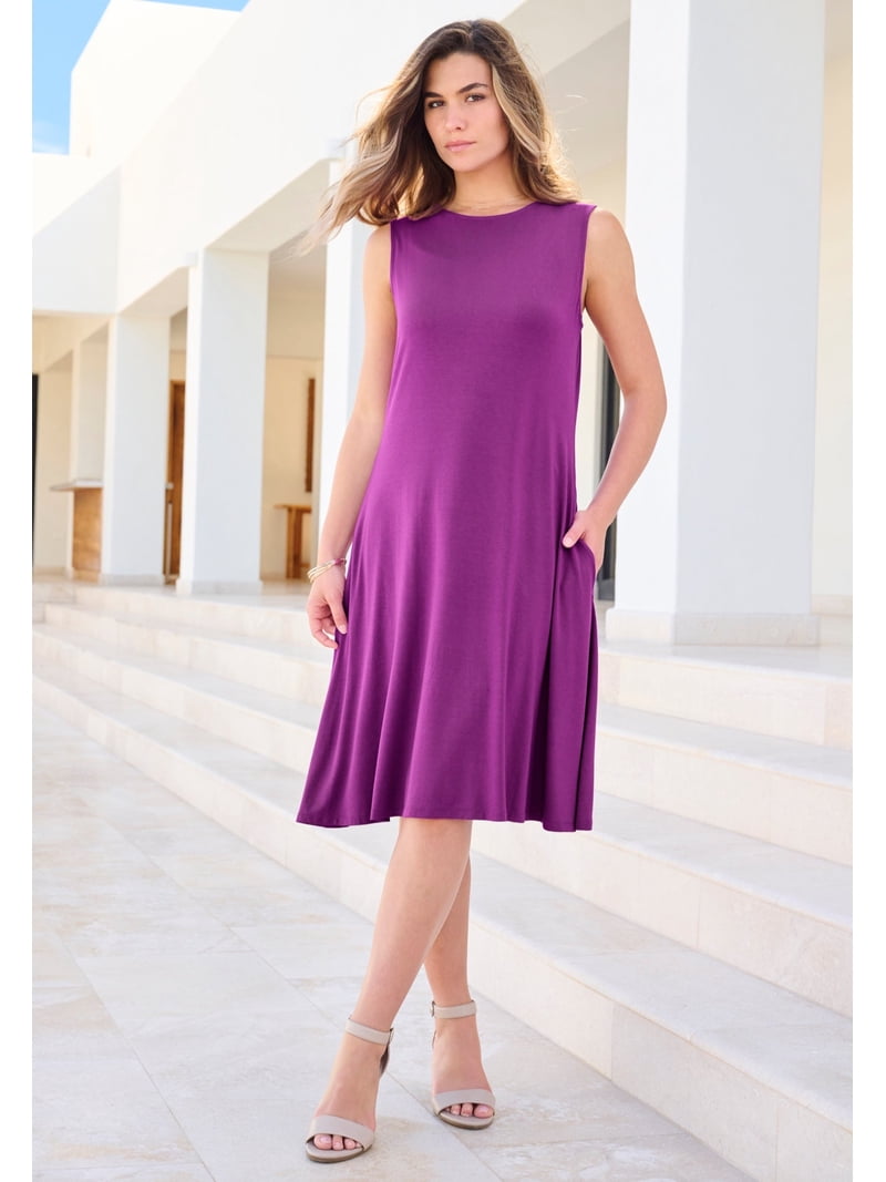 plus size knit dresses with pockets Roaman's Women's Plus Size Stretch Knit Two-Pocket Swing Tank Dress, Size: 22/24, Black