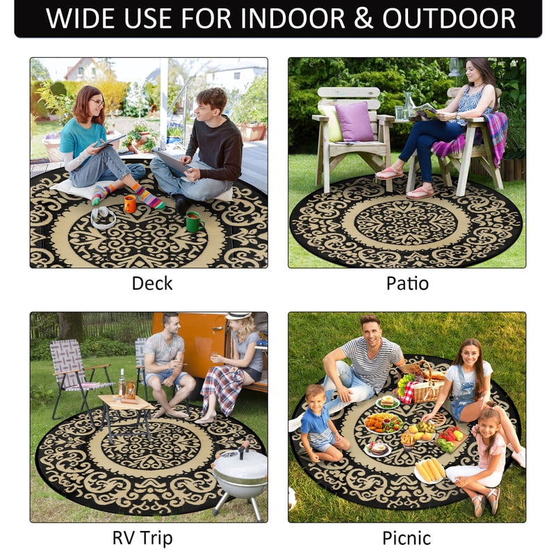 Aonewoe Round Outdoor Rugs 8Ft Waterproof Patio Plastic Straw Rug Reversible Camping Carpet Indoor Outdoor Area Rug for Patio,Deck,Balcony,Picnic,Beach,Outside