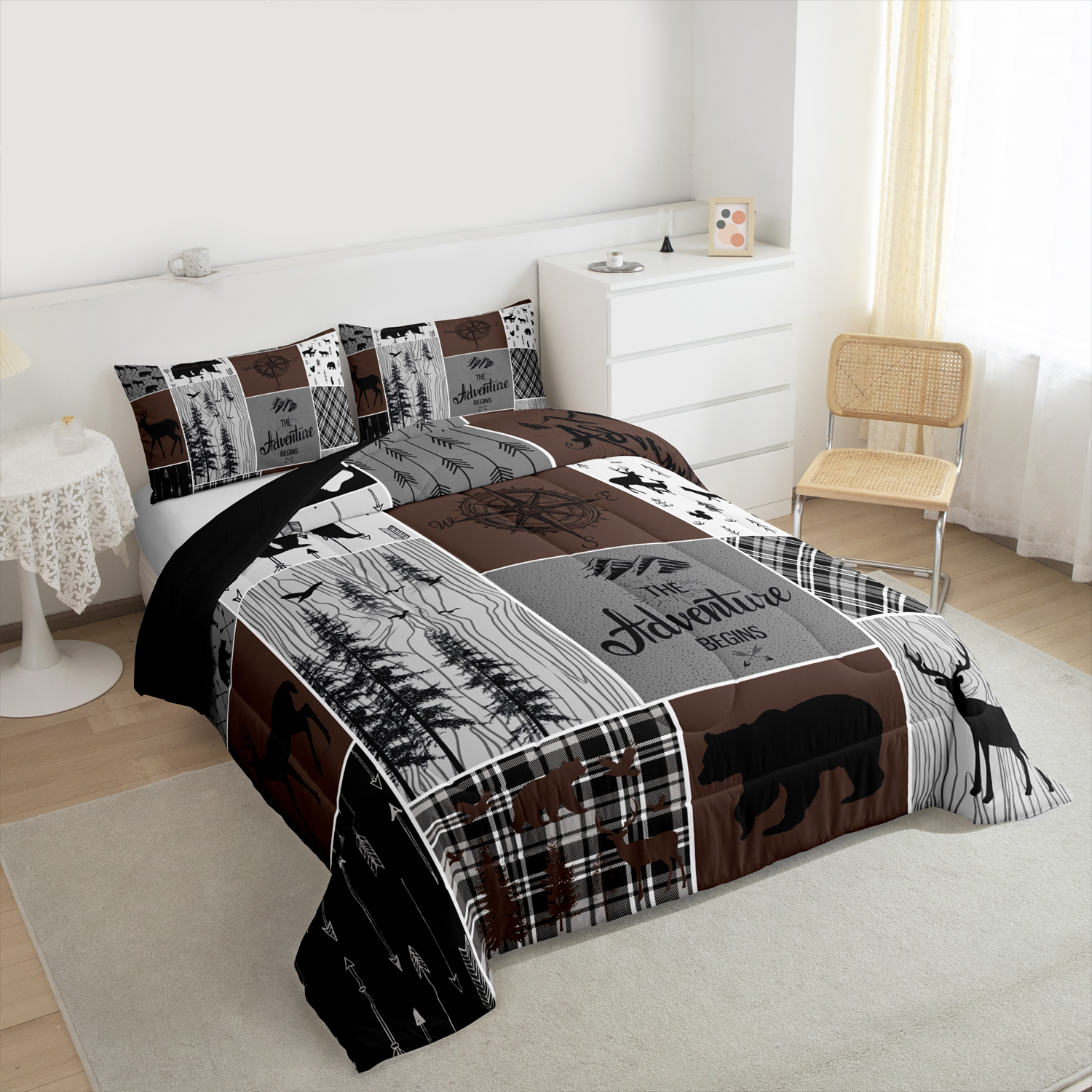 Retro Farmhouse Cabin Quilt 3Pcs, Rustic Bear Deer Comforter Set Queen Size Teens Adult Men, Camping Lodge Decor Bedding Buffalo Check Plaid Hunting Animal Duvet Insert, Brown Gray