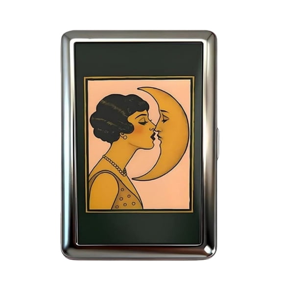 HAHUT Vintage Metal Cigarette Carrying Case, Art Deco Design Wallets, Elegant Card Holder for Credit Cards Cash Id Business Cards (Moon Kiss)