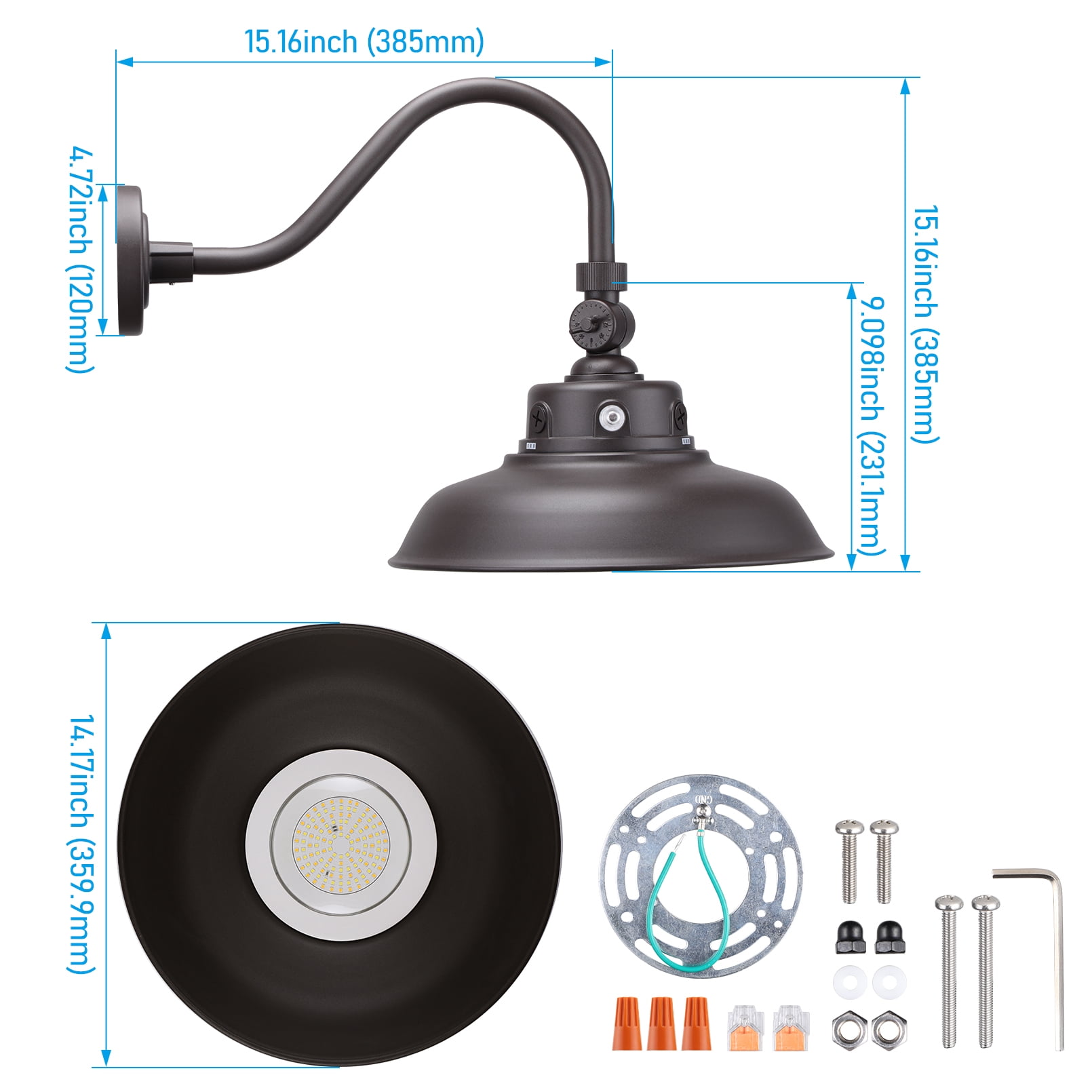 2 Pack 40W/30W/20W 3CCT LED Gooseneck Barn Light, Dusk to Dawn Photocell, Dimmable Sign Light, Wet Location Rated, UL Listed, 120-277V, 3 Years Warranty, Brown