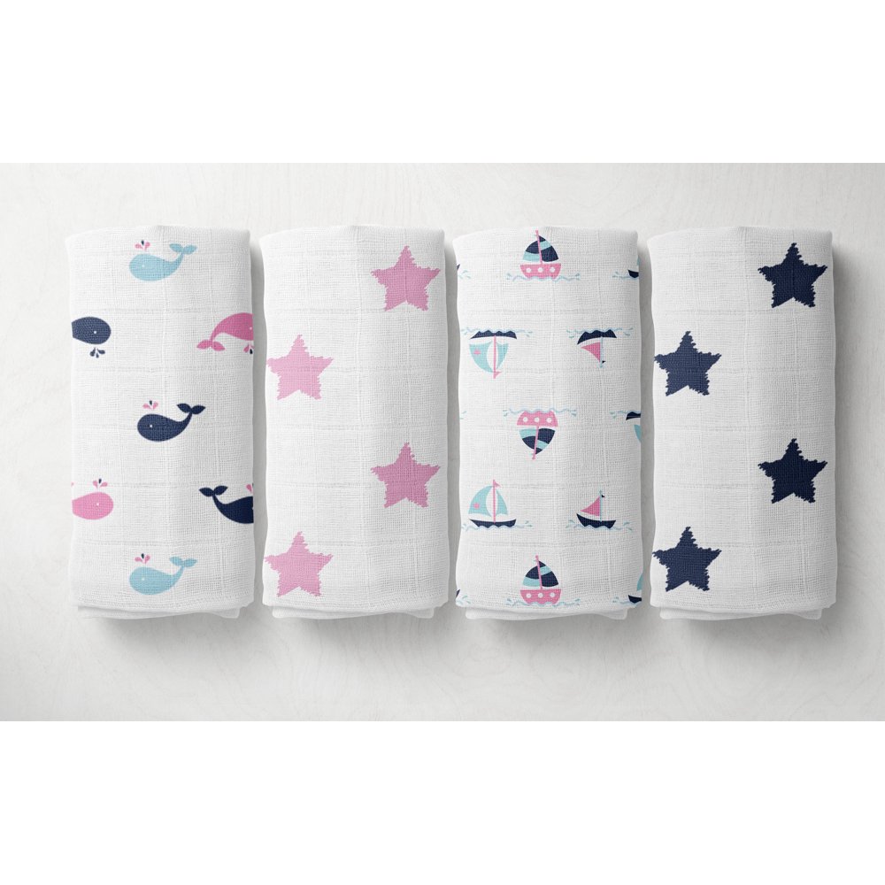 Bacati Little Sailor Boats/Whales 100 Cotton Muslin Swaddling