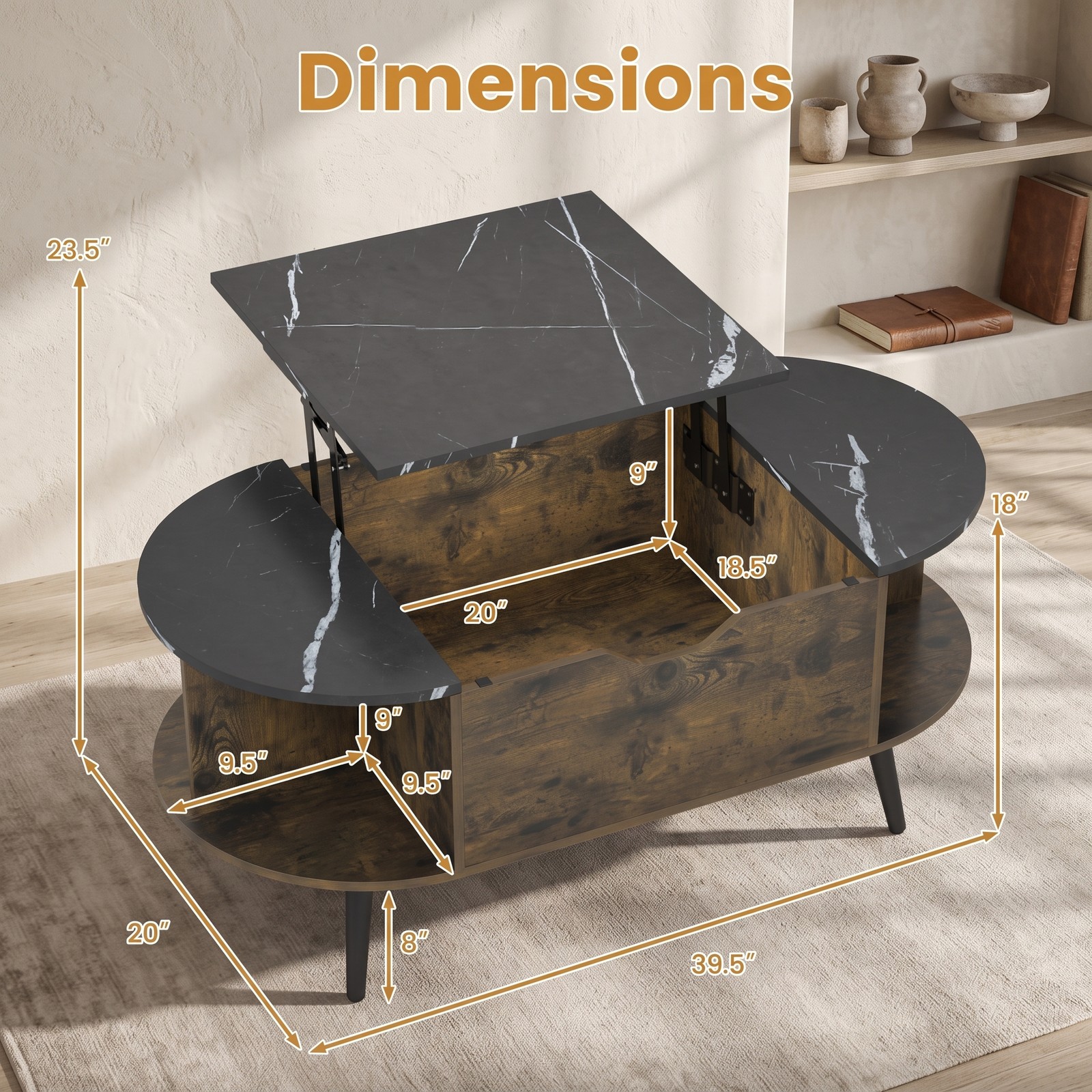 Furnibear Faux Marble Lift Top Coffee Table with Hidden Compartment and Side Shelves, 2-in-1 Rectangle Center Table for Living Room, Engineered Wood & Metal, Black