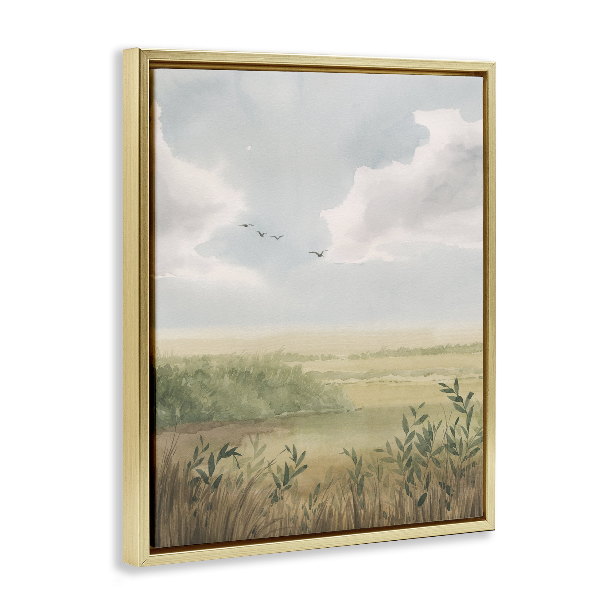 Stupell Industries Birds over Grasslands Landscape & Nature Painting Gold Floater Framed Canvas Art Print Wall Art, 17 x 21