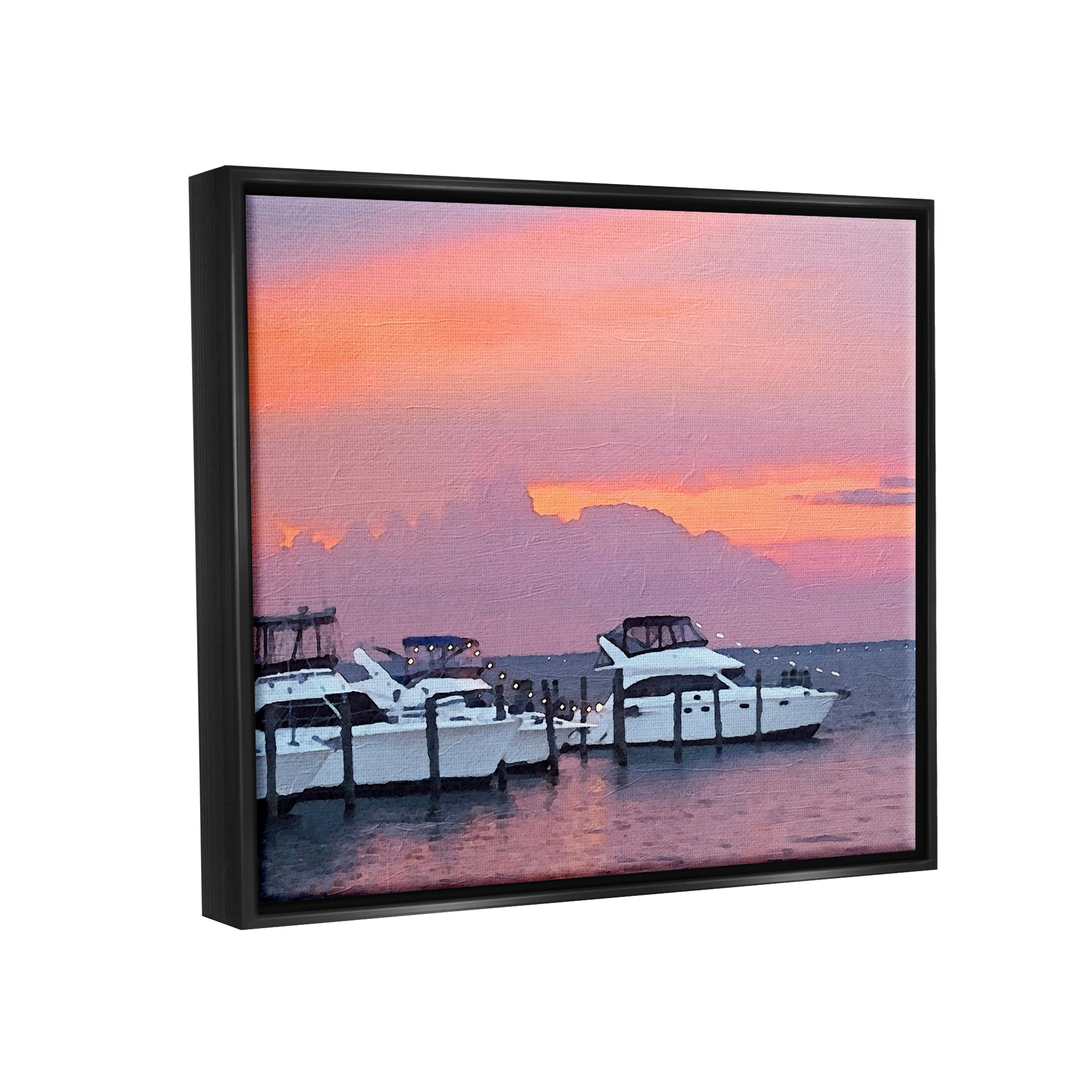 Stupell Industries Boat Harbor Pink Sunset Landscape Coastal Photography Black Floater Framed Art Print Wall Art