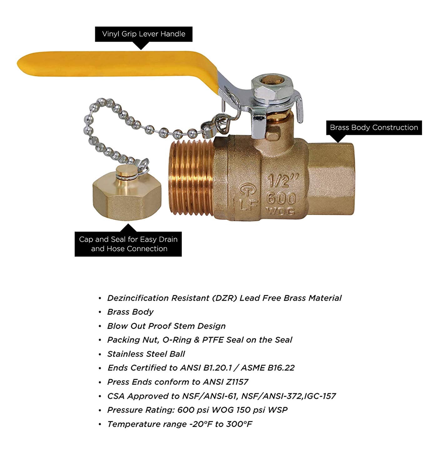 Midline Valve VHT234B-10 Premium Brass Full Port Hose Ball Valve with Chain and Cap, 1/2 in. FIP x 1/2 in. Hose (10 Pack)