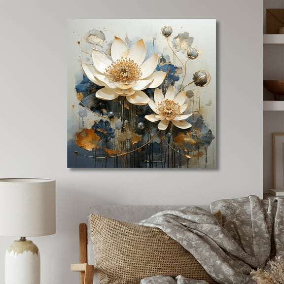 Designart "Harmonious Gold And Blue Lotus" Lotus Wall Art Prints