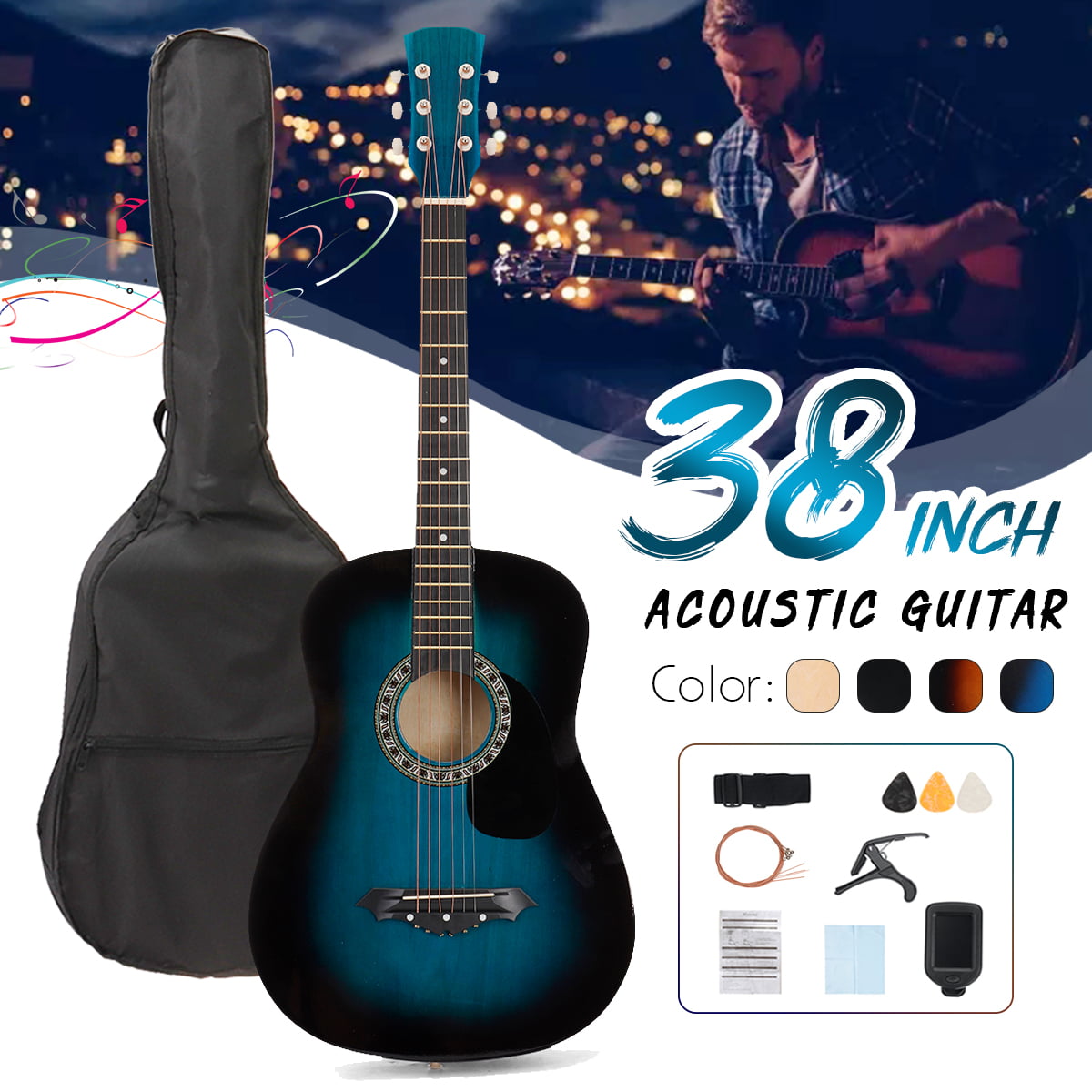 Beginner Acoustic Classical Guitar with Strings 38 inch Acoustic Guitar Musical Instrument Set Tuner Include Tuner Towel Carrying Bag String Thumb Protector Capo
