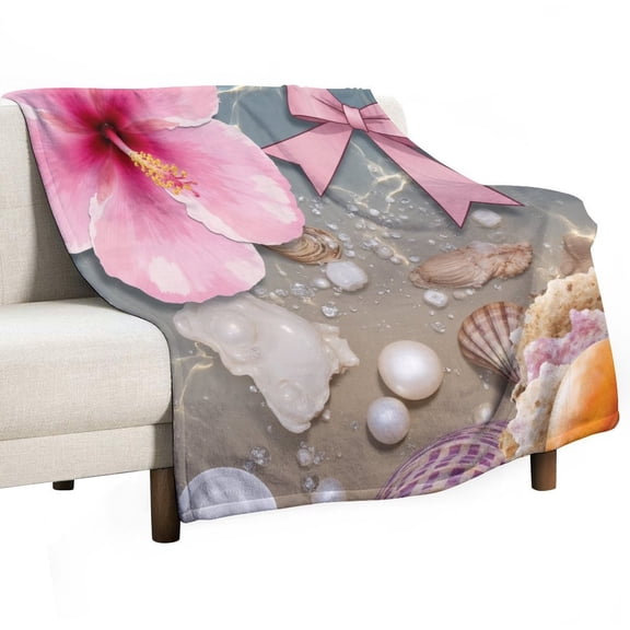 Pink Flower, Shells, Pearls, Bow Blanket Soft Throw Warm Lightweight Plush Blanket for Couch Bed Sofa