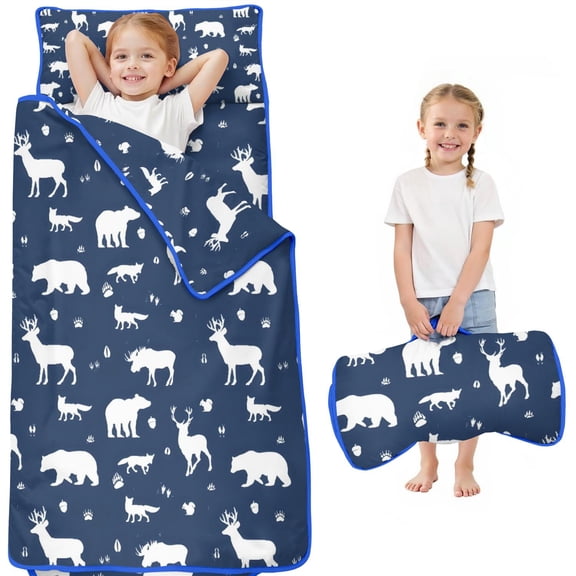 Dark Blue Christmas Animal Pattern Toddler Nap Mats for Kids Preschool,50"x20" Sleeping Mat Bag or Kids,Toddler Sleeping Bag,Toddler Nap Mat or Daycare