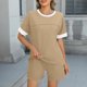 thumbnail image 2 of Tops de Cuello Redondo para las Mujeres Casual de Manga Corta Y Pantalones Cortos con Cordón de Dos Piezas Color Bloqueado Conjunto, 2 of 9