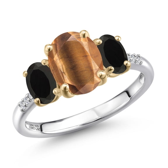 Gem Stone King 925 Silver and 10K Yellow Gold Brown Tiger Eye and Black Onyx and Lab Grown Diamond Engagement Ring for Women | 2.36 Cttw | Oval 9X7MM | Birthstone | Size 9