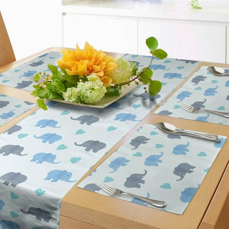 

Animal Table Runner & Placemats Continued Illustration of Large Animals Print with Dotted Heart Shapes Set for Dining Table Decor Placemat 4 pcs + Runner 14 x72 Blue and Blue Grey by Ambesonne