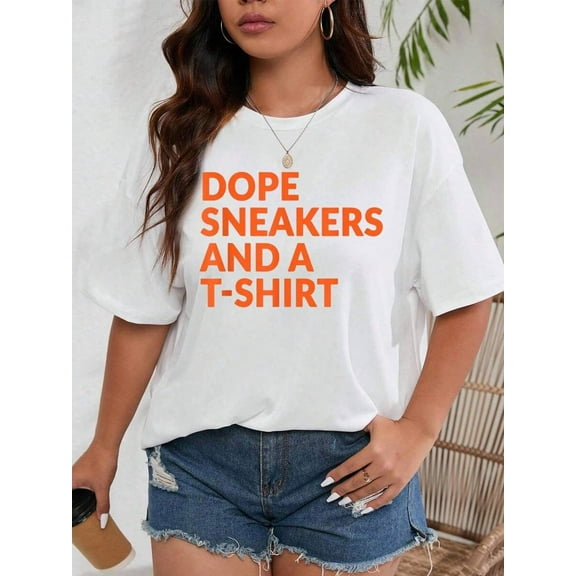 Orange And White Dope Sneakers And A T-Shirt Summer Outfits For Women  Summer Tops 100%Cotton Graphic Tees Women Tops For Women Round Neck T Shirt