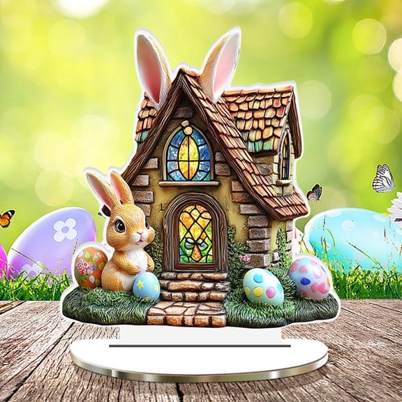 AZXY Easter Decorations, 2D Easter Bunny & Bunny-Ear Cottage Tabletop Decor, Colorful Rustic Farmhouse Spring Ornament for Kitchen Garden Patio, Easter Gifts for Family