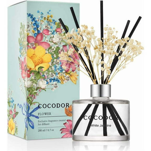 COCODOR Flower Reed Diffuser Set / 6.7oz White Jasmine/Scent with Sticks Home Fragrance for Bathroom Shelf Decor