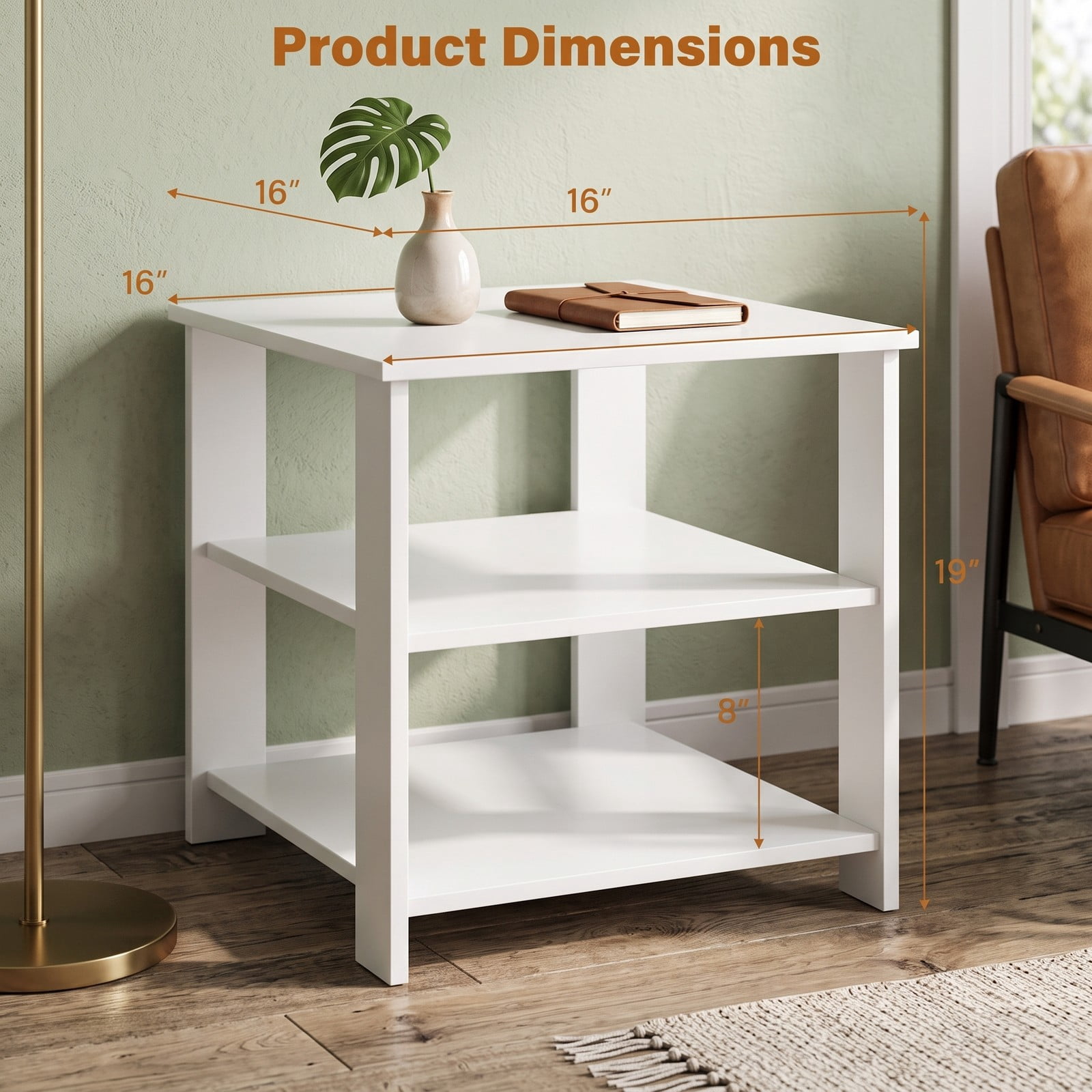 Furnibear 3-Tier Nightstand Square Side Table with Open Storage Shelves, Modern Bedside End Table Sofa Side Table for Bedroom Living Room Small Spaces, White